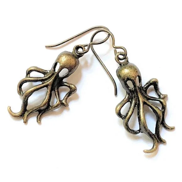Octopus Earrings Gold Hypoallergenic Niobium Wires Handmade in USA - Picture 3 of 5